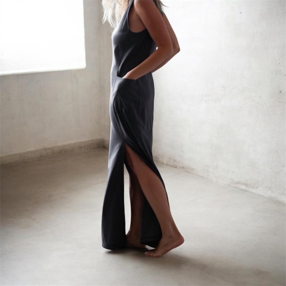 Lunya Cool Paneled Sleeveless Maxi Dress L Side Slits Pockets Meditative Grey